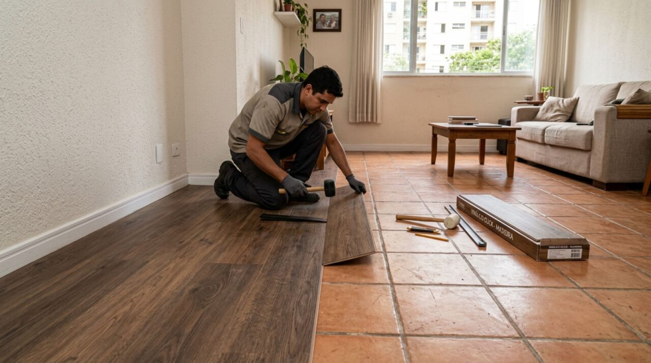 Adeus ao quebra-quebra: o vinílico clicado que pode renovar a sala sobre a cerâmica, desde que o rejunte permita