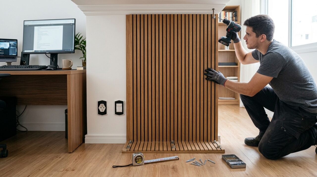 Sem derrubar parede nem levantar nova alvenaria: uma forma de dividir sala e home office usando painéis ripados modulares