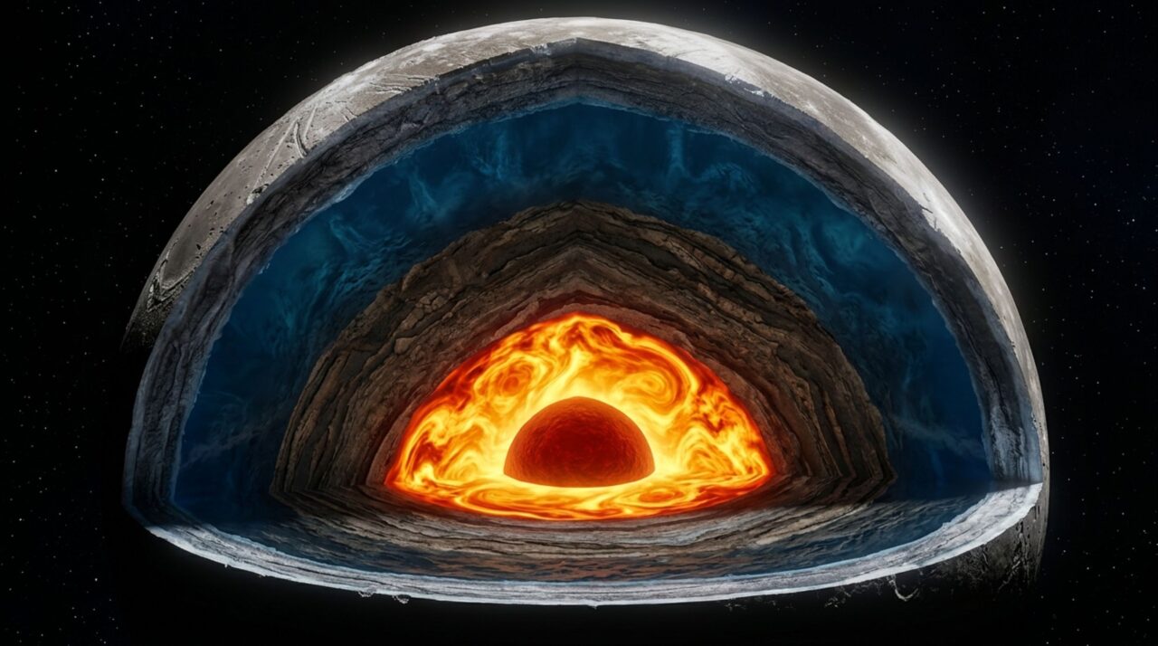 Sob a crosta congelada de Ganimedes, modelos indicam um enorme oceano salgado acima de um interior rochoso e metálico