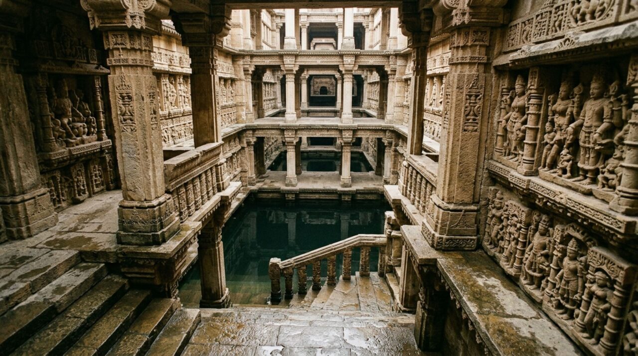 Sete níveis de escadas conduzem por pavilhões e esculturas até o tanque e o poço principal de Rani-ki-Vav