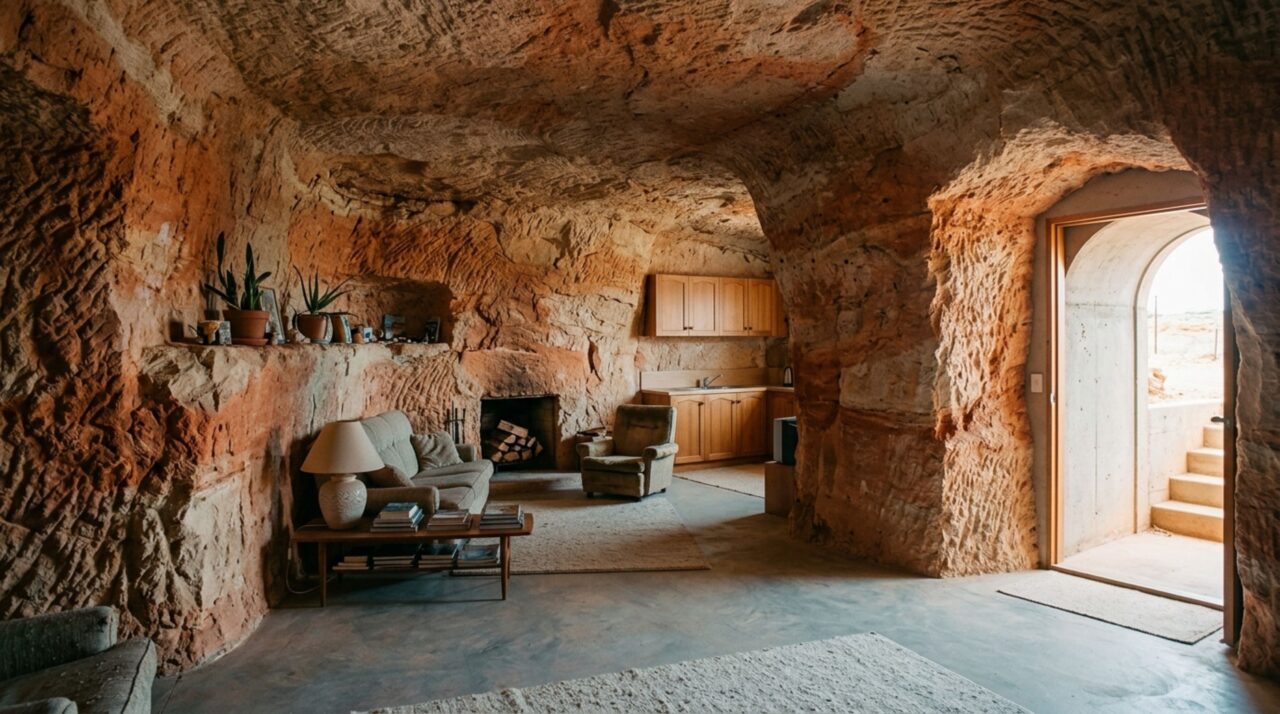 A espessa camada de rocha ao redor dos dugouts de Coober Pedy desacelera a entrada e a perda de calor, mantendo o interior mais estável que a superfície