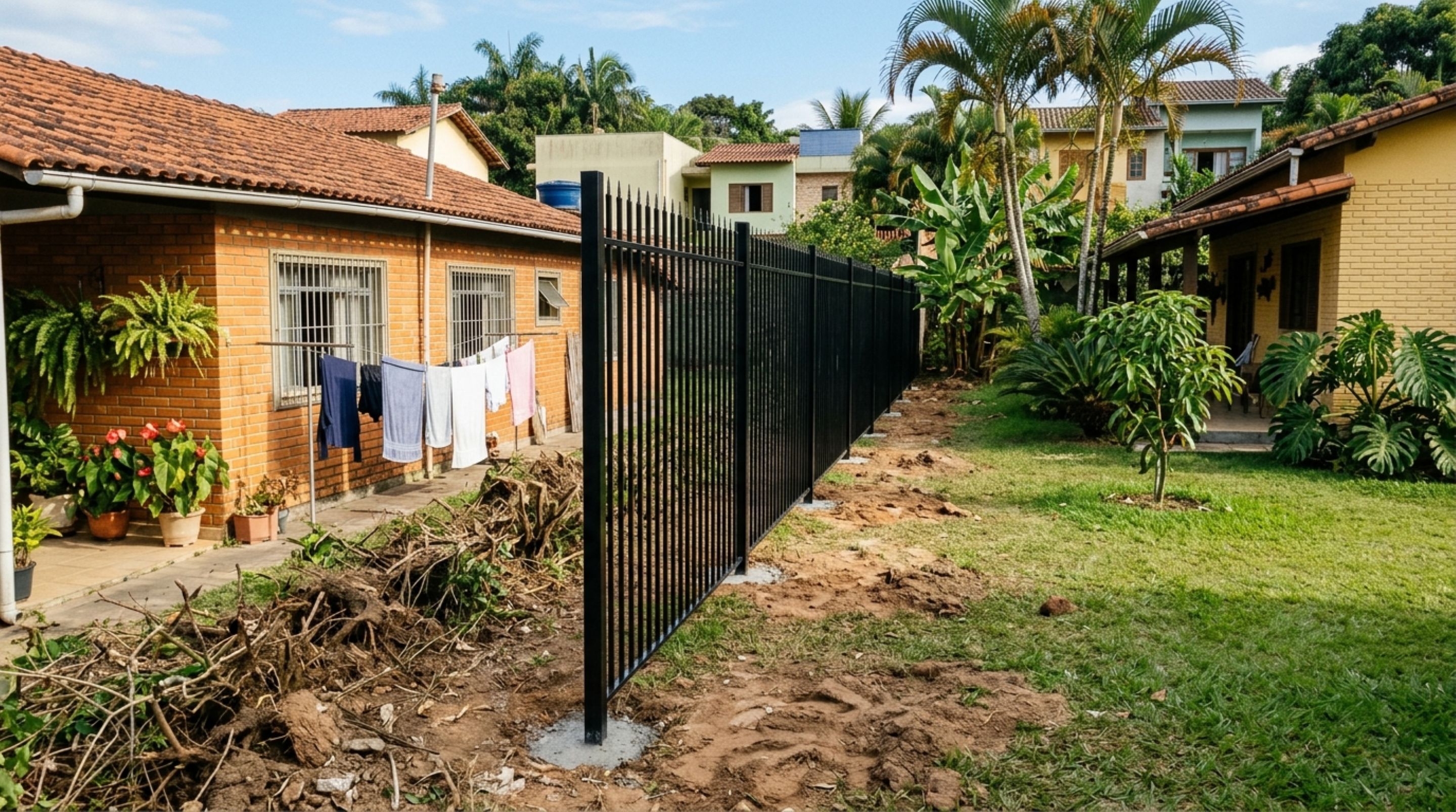 Casal retorna de viagem e encontra parte da cerca viva substituída por muro de ferro, avançando sobre o quintal, ele pede levantamento da divisa antes da obra continuar e questiona falta de privacidade entre os terrenos