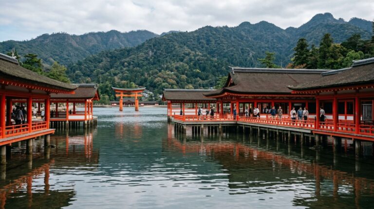 O santuário de Itsukushima durante a maré alta