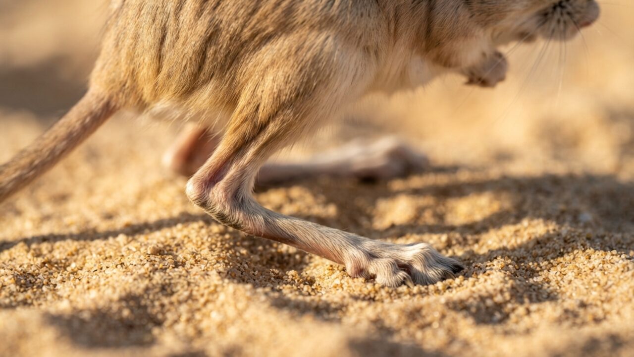 Um roedor salta quase três metros sem correr: pernas traseiras enormes transformam o deserto em pista de fuga