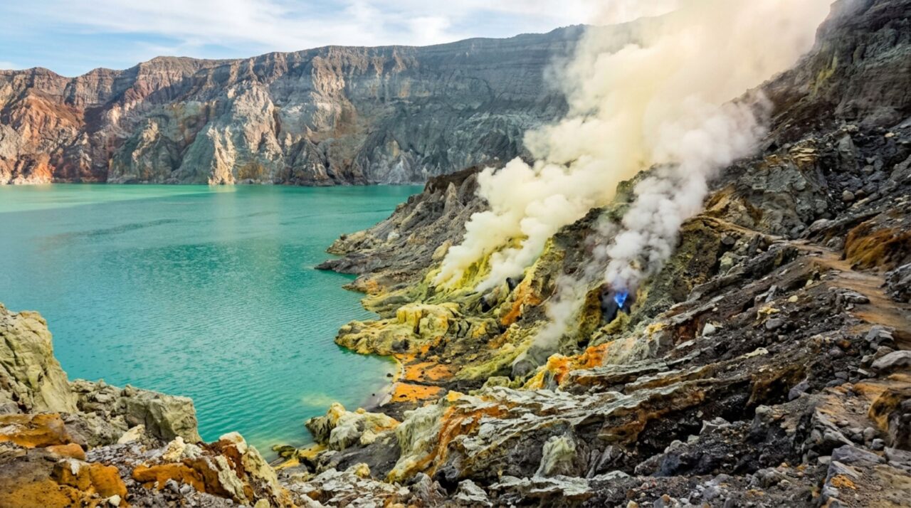 As fumarolas do Kawah Ijen liberam gases ricos em enxofre e tornam a aproximação da margem uma atividade de alto risco