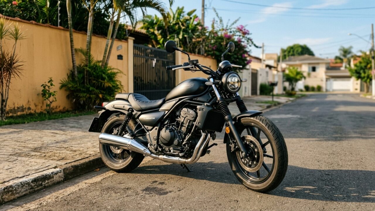 Banco a apenas 735 mm do chão acompanha motor bicilíndrico de 451 cc e 51 cv nesta custom de 177 kg pensada para facilitar paradas e manobras