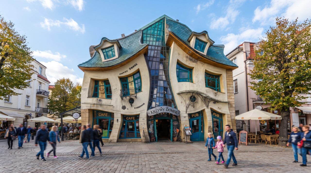 Desafiando as leis e as linhas retas da arquitetura convencional, este edifício comercial bizarro parece estar derretendo no meio da calçada, como se tivesse saído de uma pintura surrealista