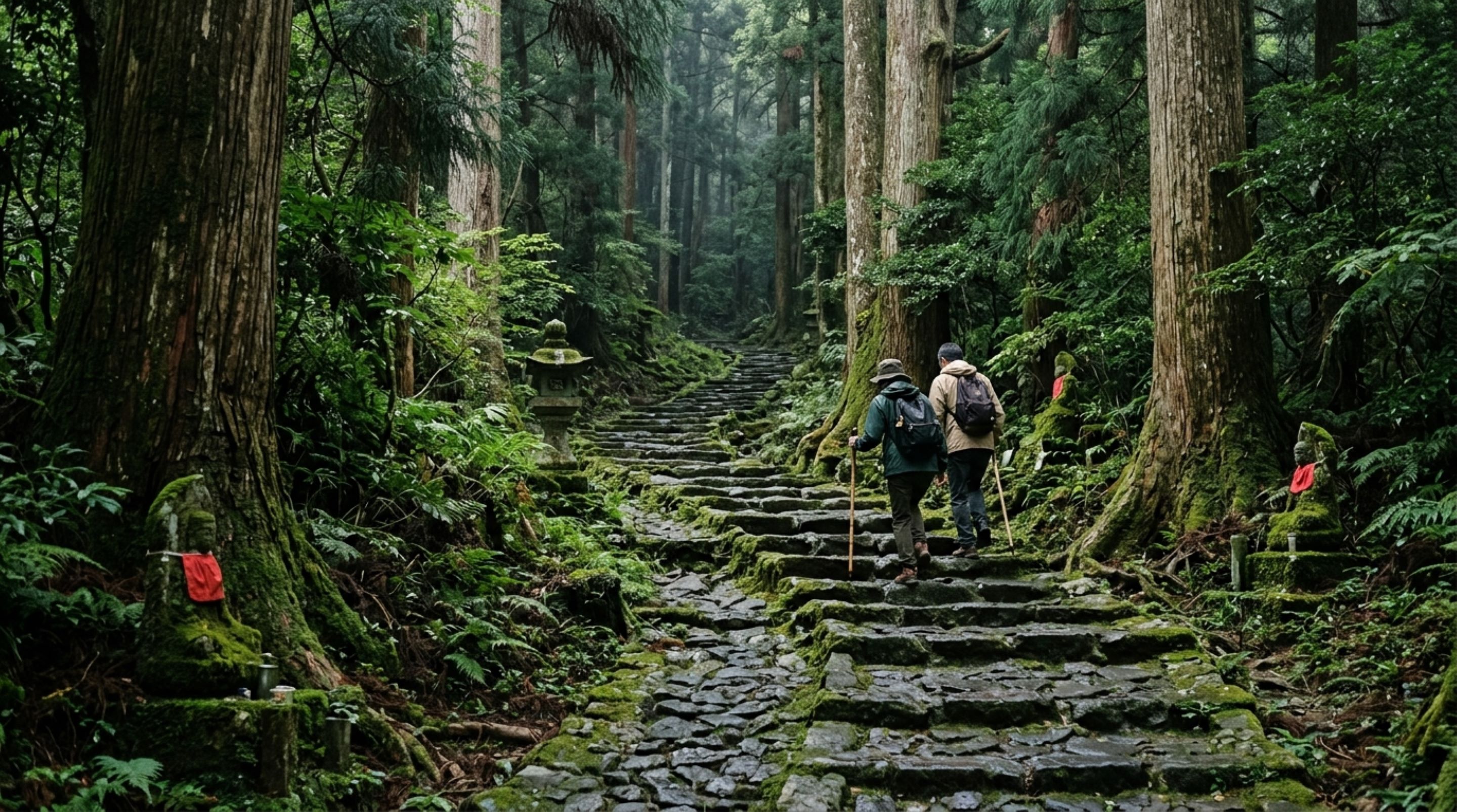 Uma estrada de pedra sobe uma montanha japonesa por florestas e santuários