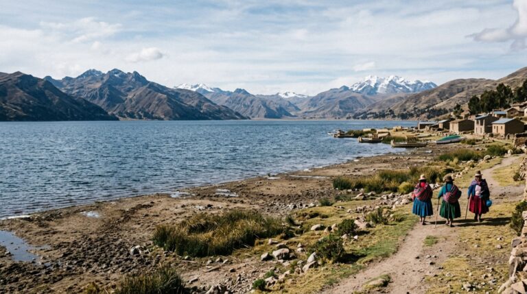 Margem do Lago Titicaca durante uma fase de nível mais baixo
