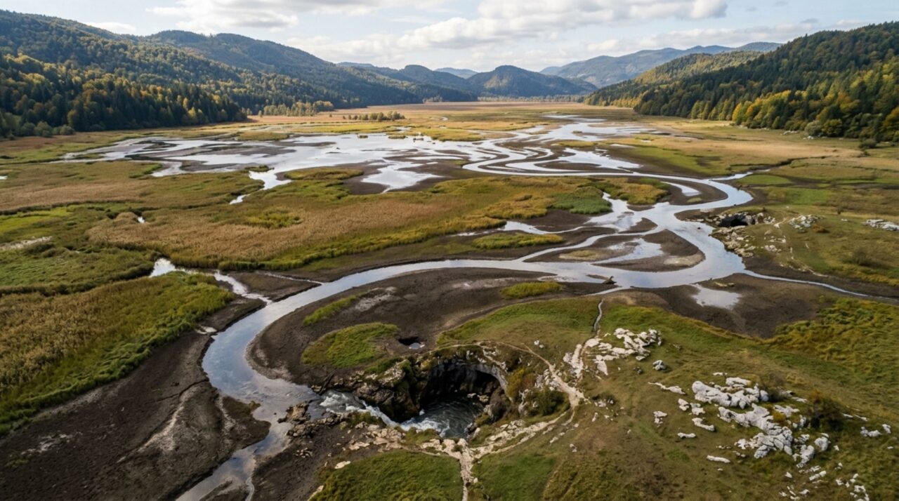 Sumidouros, cavernas e canais subterrâneos fazem a água do Lago Cerknica recuar em poucas semanas