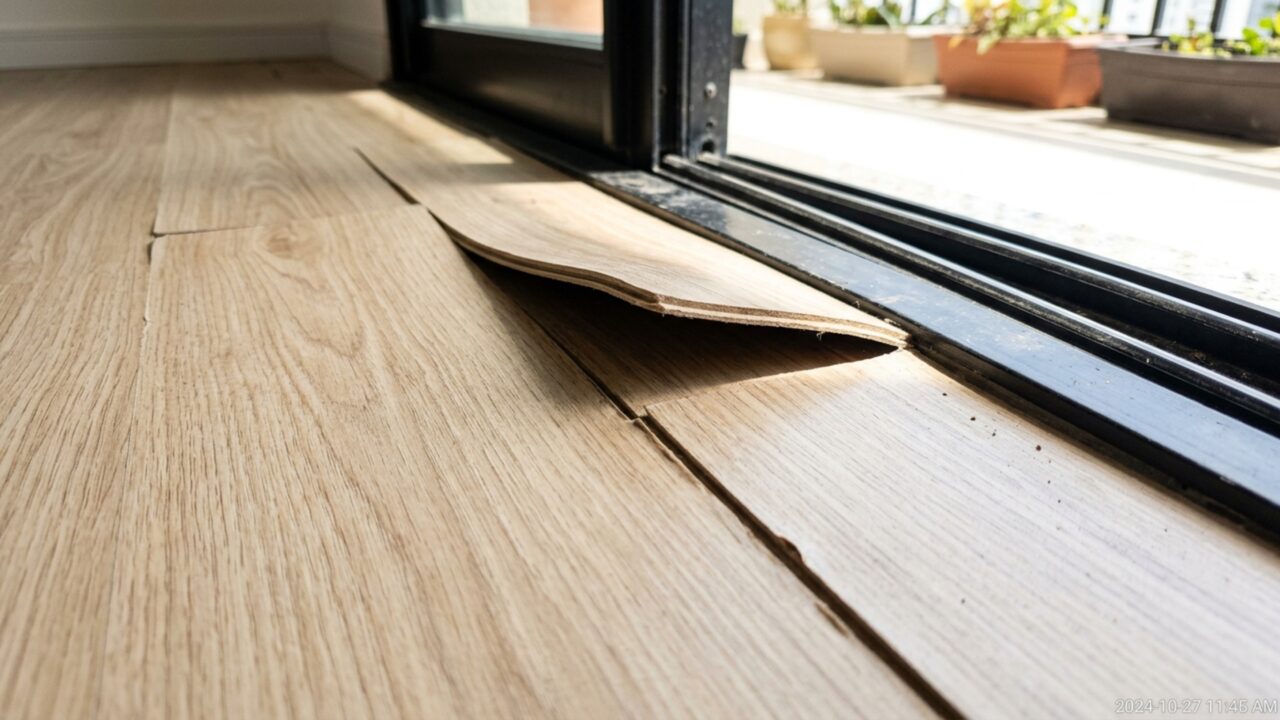 Família instala piso laminado sobre cerâmica antiga e meses depois algumas placas começam a levantar próximo à porta da varanda