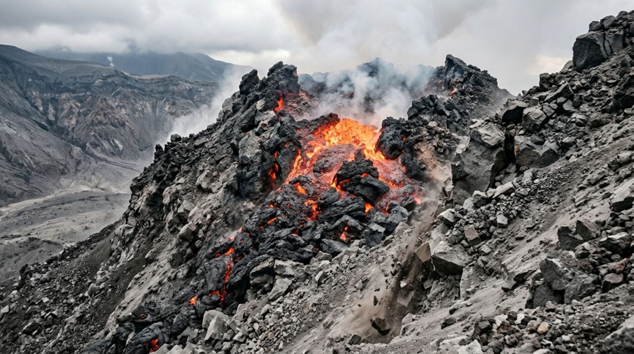 A lava viscosa do Shiveluch forma domos que podem crescer lentamente e depois perder partes em colapsos capazes de gerar correntes piroclásticas