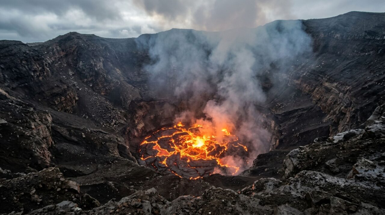 Sensores infravermelhos permitiram distinguir a pequena superfície extremamente quente do lago de lava do monte Michael mesmo em uma cratera muito maior