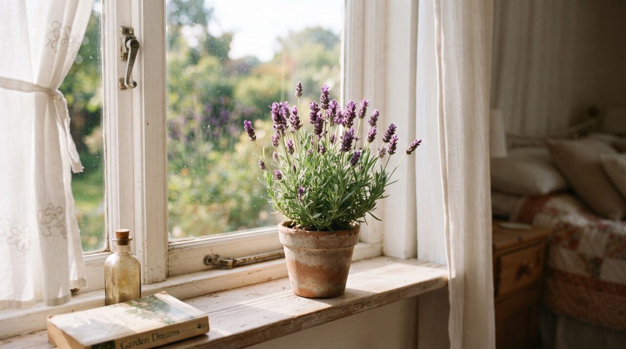 A posição exata da lavanda perto da janela do quarto para exalar perfume e melhorar a qualidade do sono