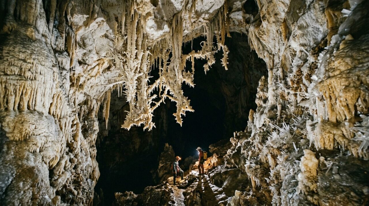 Cristais de gesso crescem como lustres de seis metros no escuro e caverna americana preserva formações raras ainda em desenvolvimento