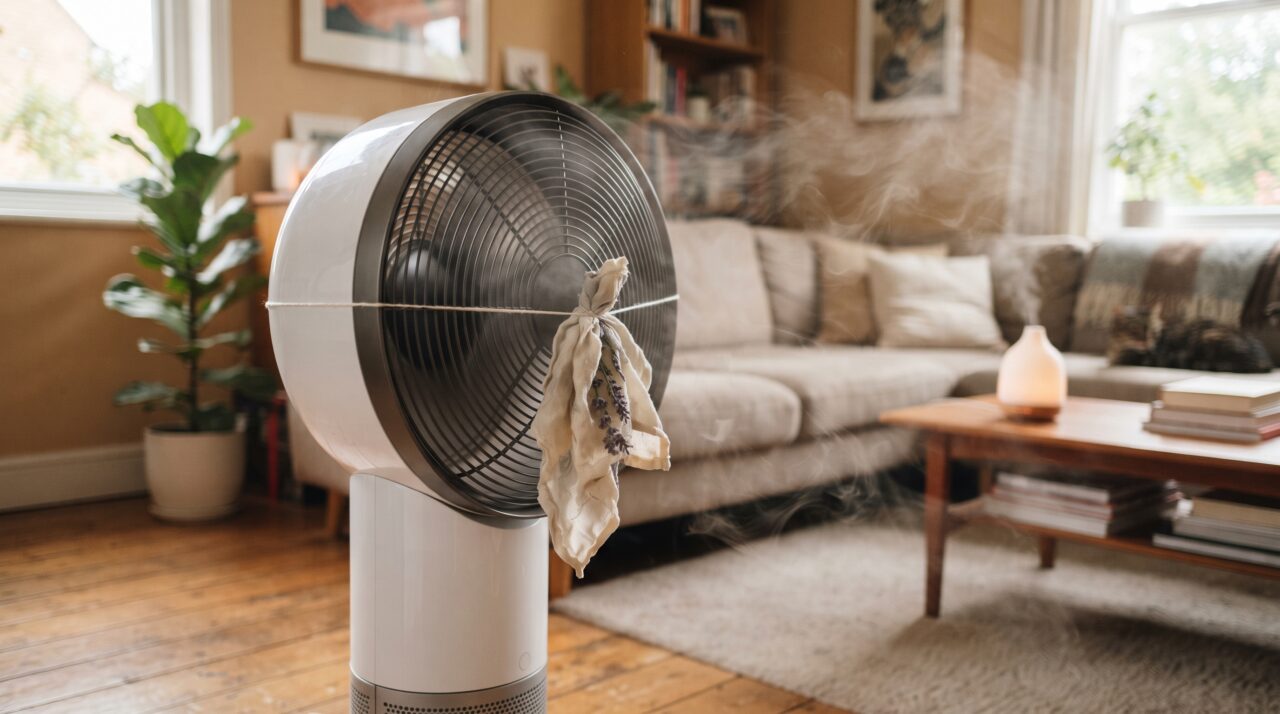 Truque de prender lenço umedecido com óleo essencial no ventilador para perfumar a casa
