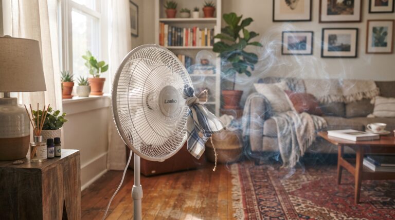 Truque de prender lenço umedecido com óleo essencial no ventilador para perfumar a casa