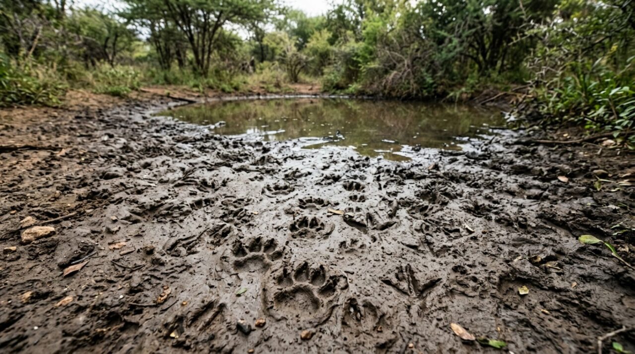 As pegadas junto ao antigo reservatório mostravam que diferentes animais utilizavam a água acumulada, ajudando a explicar a rota recorrente do leopardo
