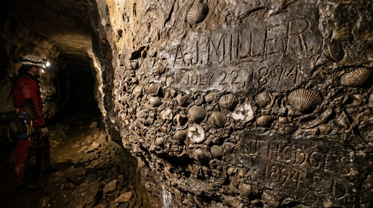 Uma caverna guarda centenas de fósseis marinhos numa faixa atravessada por grafites de exploradores de 1894, juntando dois registros separados por centenas de milhões de anos