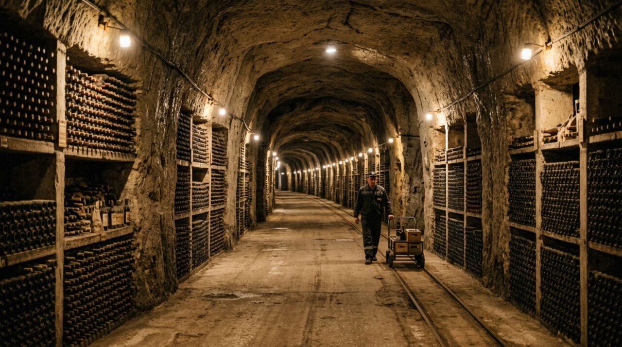 Uma rede subterrânea de 120 quilômetros nasceu de antigas pedreiras e virou uma cidade de corredores onde o clima natural conserva mais de um milhão de garrafas de vinho