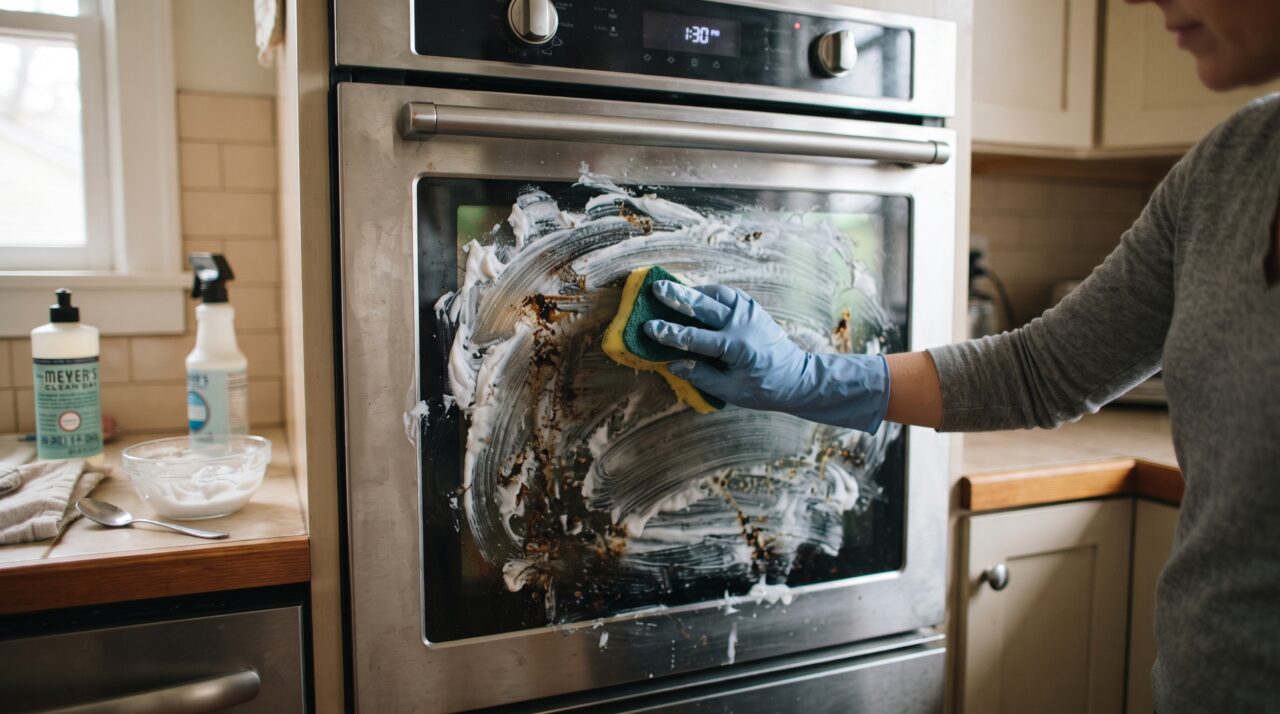 Como limpar a porta de vidro do forno usando pasta de bicarbonato de sódio e vinagre de forma prática