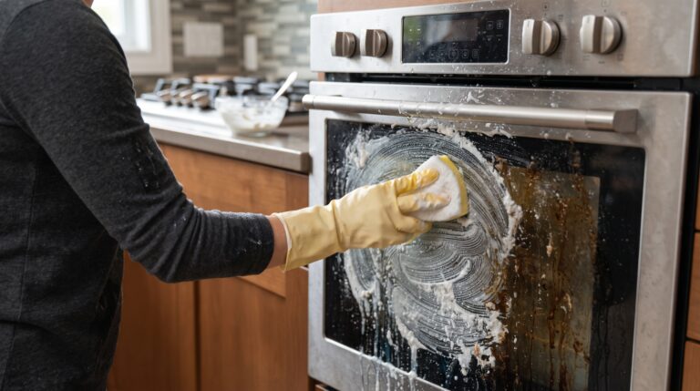 Como limpar a porta de vidro do forno usando pasta de bicarbonato de sódio e vinagre de forma prática