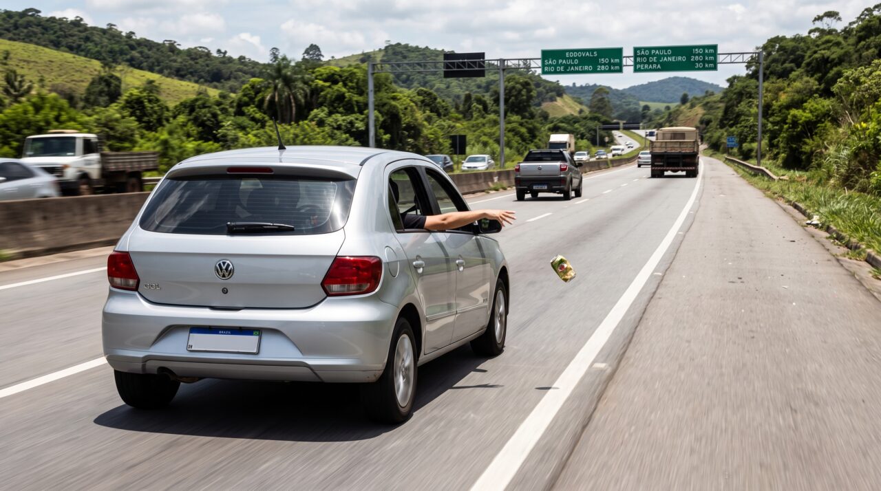Passageiro joga lixo pela janela do carro e motorista leva multa no CTB
