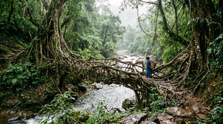 Ponte viva de raízes atravessando um rio em Meghalaya