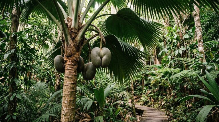 Palmeira coco-de-mer com frutos gigantes nas Seychelles