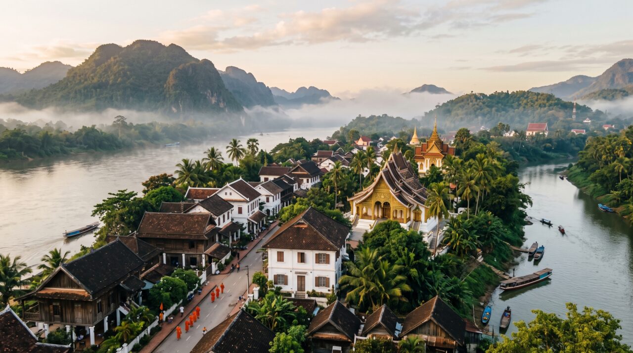 Dois rios cercam uma antiga capital e cada bairro cresceu ao redor do próprio templo: Luang Prabang mistura madeira, pedra e séculos de história