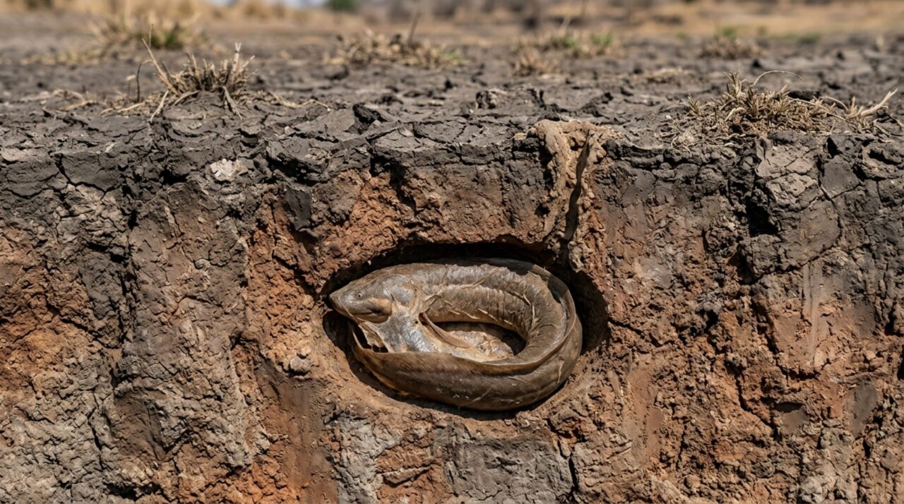 No interior da lama, o casulo reduz a perda de água enquanto o animal continua respirando ar
