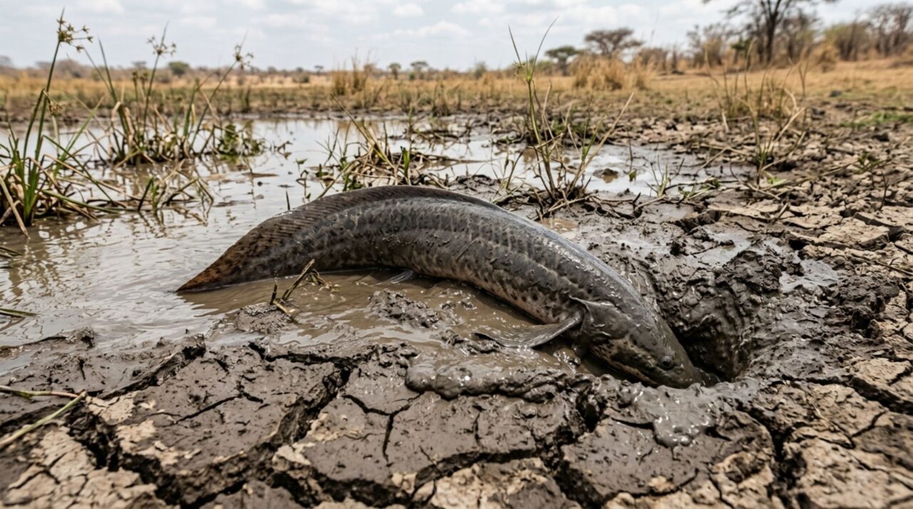 Um peixe africano fica meses enterrado numa cápsula de muco quando a água desaparece e volta a nadar depois que a chuva retorna