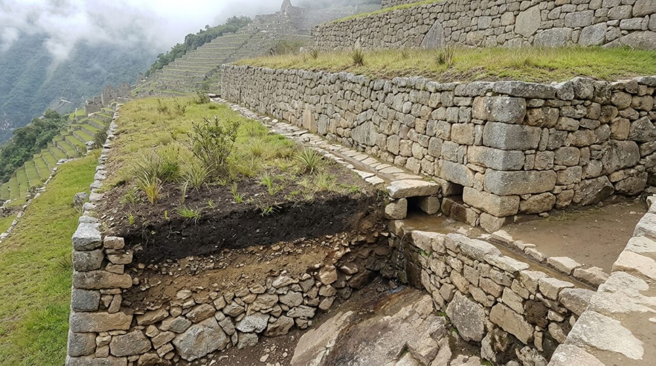Terraços e drenagem ajudando a estabilizar as encostas de Machu Picchu