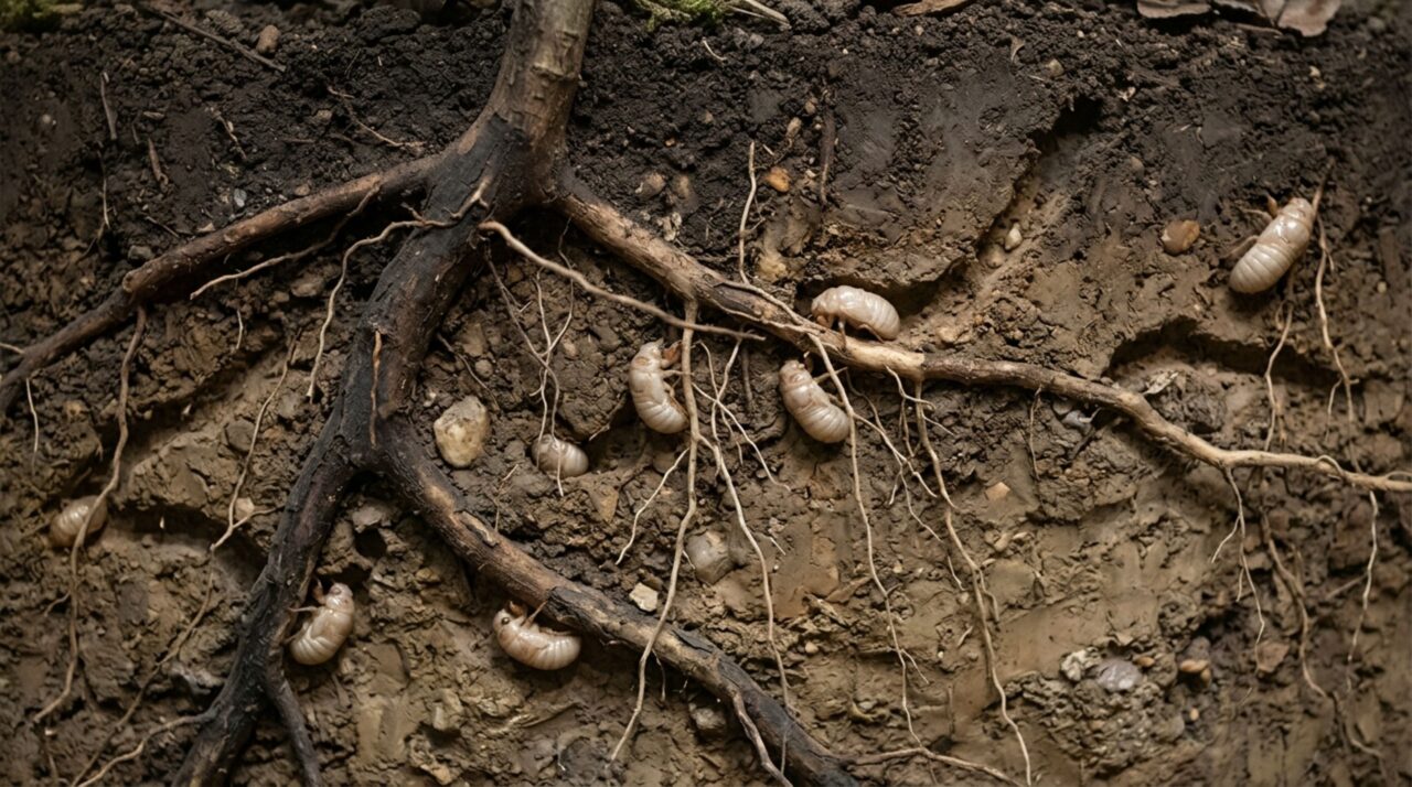 Ninfas de Magicicada vivendo junto às raízes durante a longa fase subterrânea