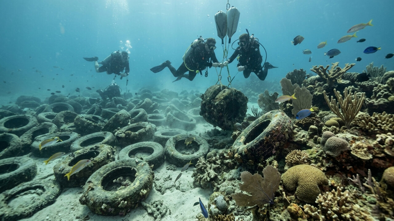 Mais de 1 milhão de pneus foram jogados no mar para criar um recife; e agora a Flórida paga mergulhadores para puxá-los manualmente