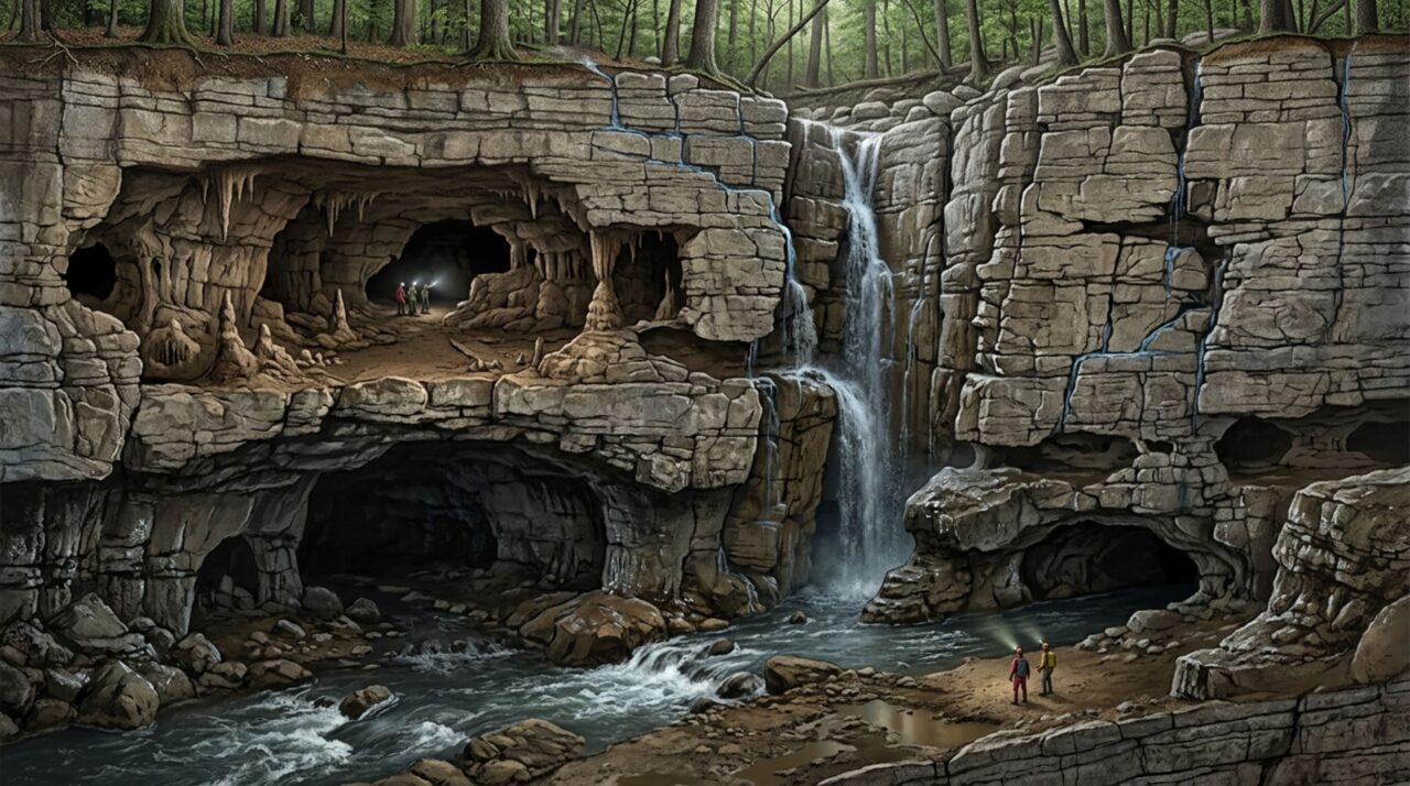 A drenagem de Mammoth Cave percorre fissuras, poços e galerias em diferentes níveis até alcançar rios subterrâneos ativos ligados ao Green River