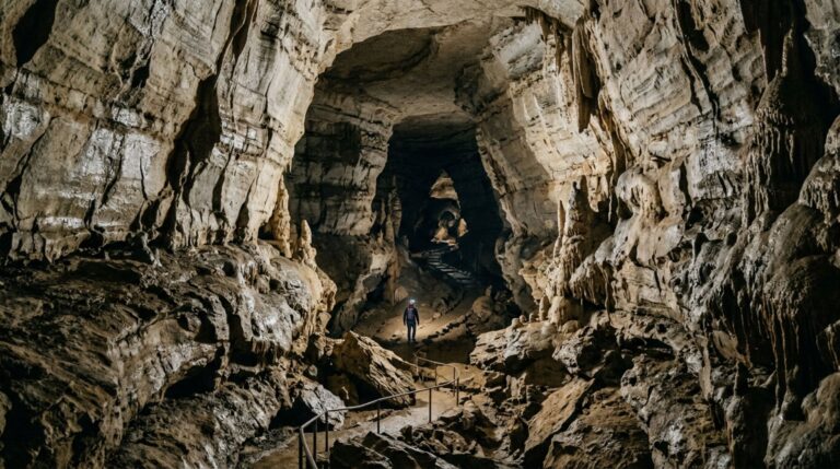 A Mammoth Cave reúne mais de 685 quilômetros de passagens mapeadas formadas pela lenta dissolução do calcário ao longo de milhões de anos