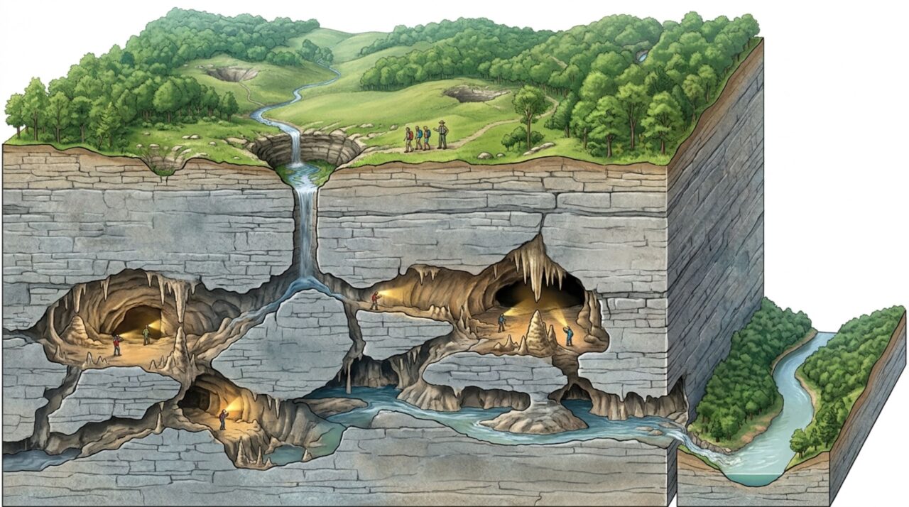 Um rio desaparece dentro de uma caverna e reaparece quilômetros depois, atravessando um dos maiores sistemas subterrâneos do mundo