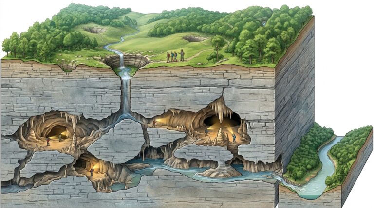 Em Mammoth Cave, a água desaparece por sumidouros e fissuras e pode percorrer quilômetros por condutos subterrâneos antes de retornar à superfície