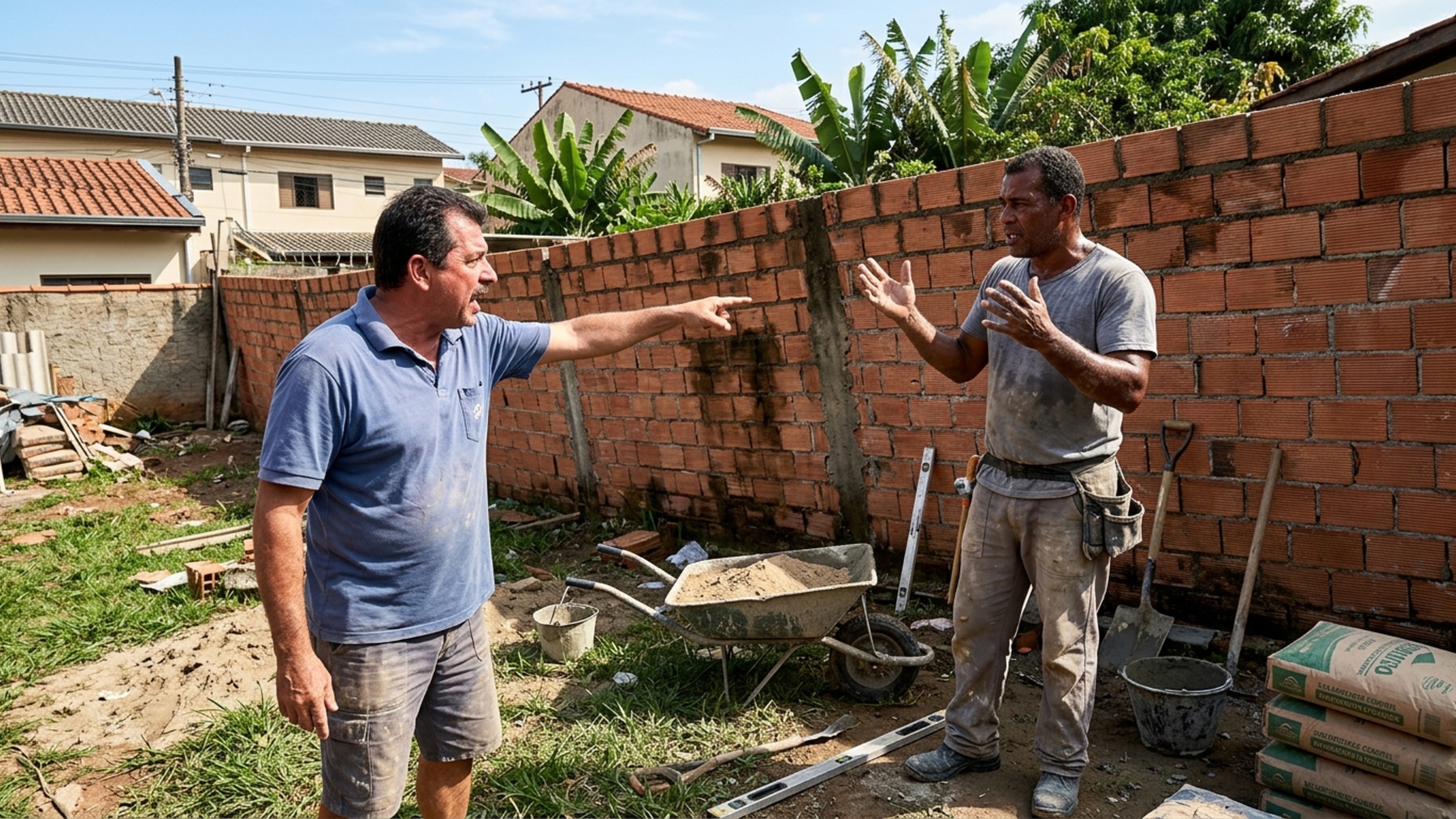 Pedreiro termina muro de 28 metros e proprietário só percebe após a primeira chuva que a estrutura ficou inclinada para o terreno vizinho