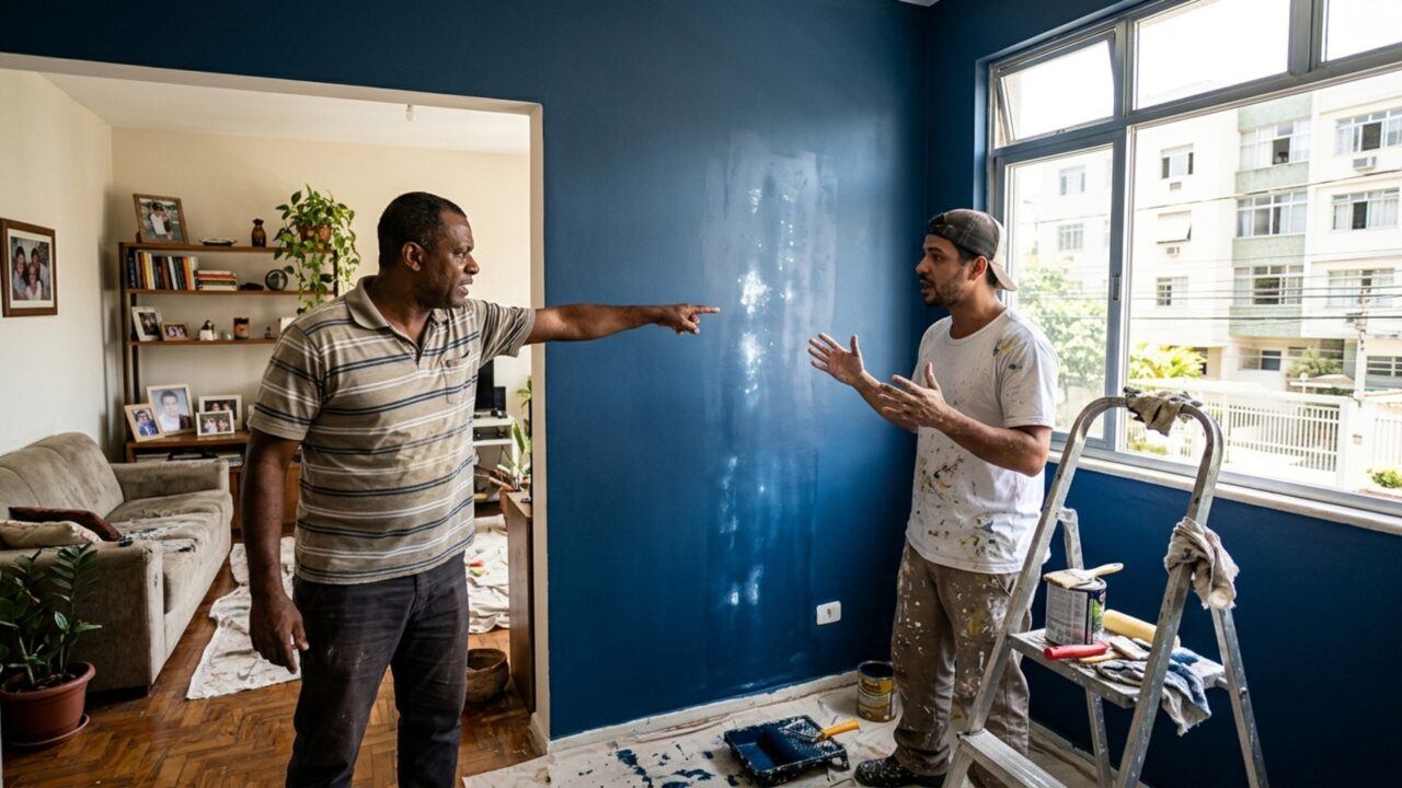 Pintor aplica tinta lavável em toda a casa e semanas depois morador descobre que pano úmido deixa manchas brilhantes nas paredes