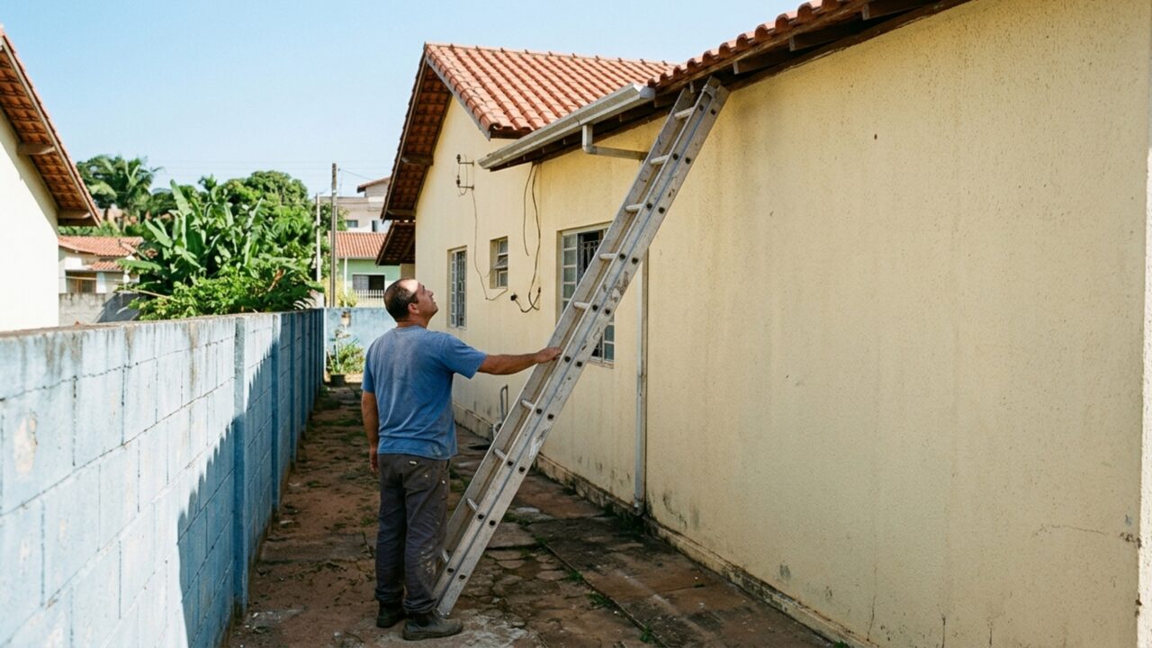 Aposentado troca a escada dobrável por uma maior para alcançar o telhado e só depois nota que o novo comprimento exige outro ângulo de apoio para permanecer estável