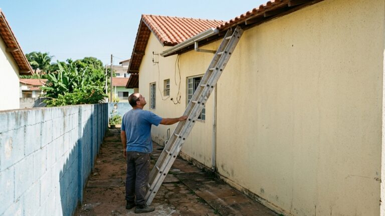Aposentado troca a escada dobrável por uma maior para alcançar o telhado e só depois nota que o novo comprimento exige outro ângulo de apoio para permanecer estável