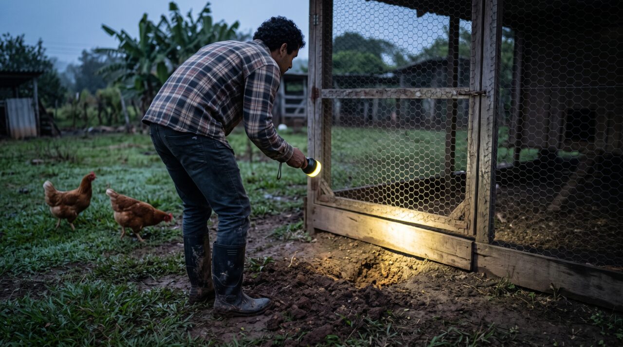 Criador percebe que as galinhas começaram a aparecer fora do galinheiro antes do nascer do sol, fecha todas as entradas por três noites e descobre que uma raposa empurrava uma tábua solta no fundo do cercado para alcançar os ninhos