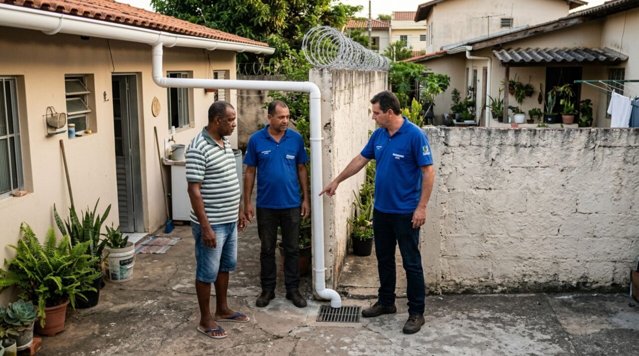 Casal percebe que a água do telhado novo do vizinho passou a cair dentro de seu quintal e moradores discutem quem deve alterar a calha