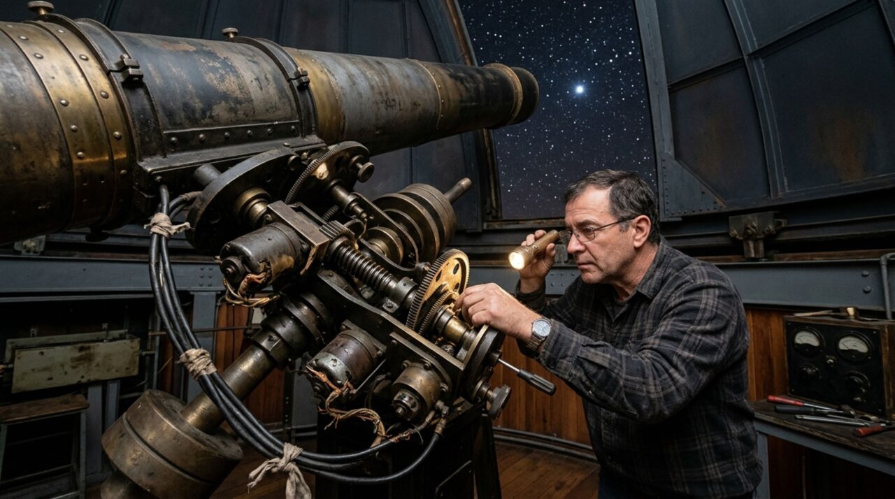 Recuperar um telescópio antigo exige restaurar e alinhar motores, eixos, transmissão e sistemas de apontamento antes de voltar a acompanhar estrelas no céu