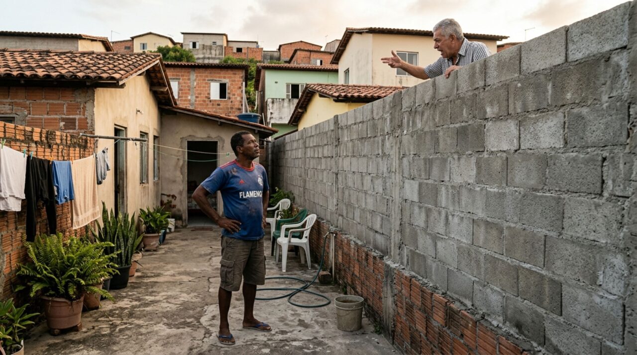 Morador aumenta o muro da divisa para ganhar privacidade, e vizinho reclama que a estrutura ficou sobre a parede que os dois utilizam, proprietários discutem quem pode alterar o muro comum