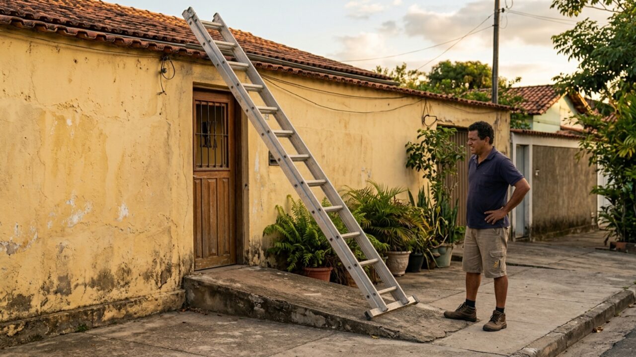Aposentado troca a escada dobrável por uma maior para alcançar o telhado e só depois nota que o novo comprimento exige outro ângulo de apoio para permanecer estável