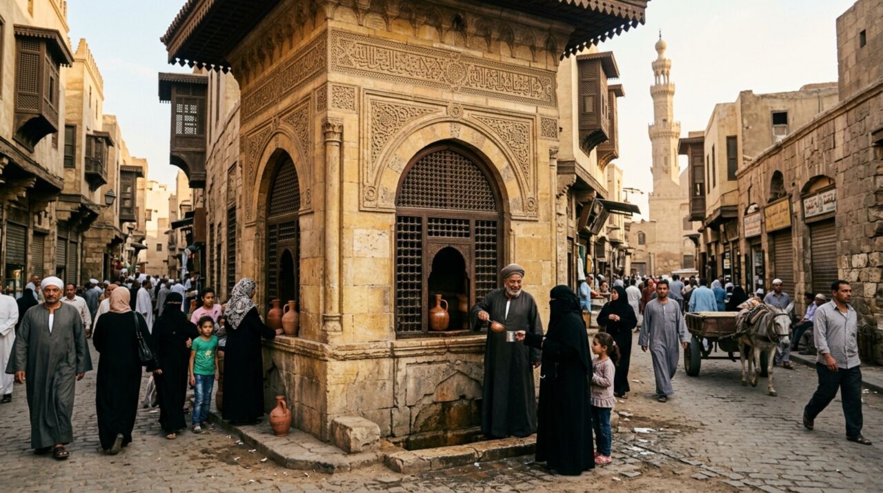 Um sabil do Cairo distribuindo água gratuitamente à população