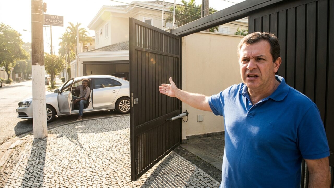 Morador troca o portão de casa por modelo automático e vizinho reclama que a abertura bloqueia parte da calçada todos os dias, exigindo que estrutura seja refeita